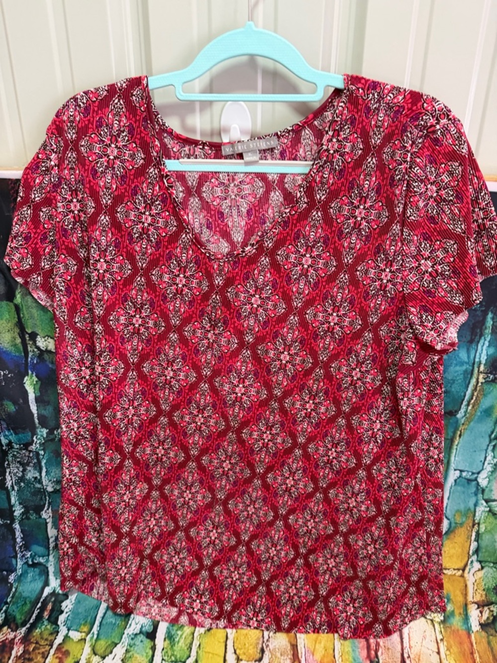 Valerie Stevens Red Patterned V-Neck Short Sleeve Top XL